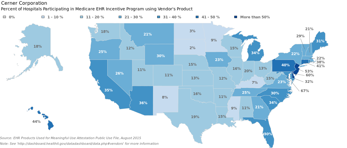 U.S. map of EHR vendor's share of all reported hospital attestations by U.S. state. See the dashboard for maps of all certified EHR vendors.